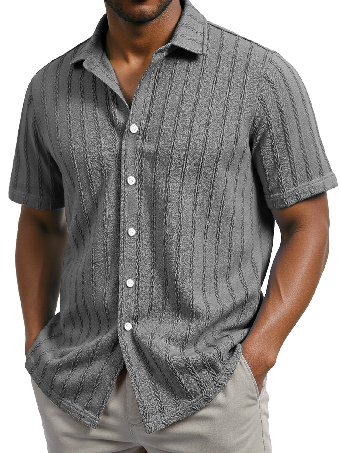 Men's Daily Casual Jacquard Texture Lapel Short-sleeved Shirt