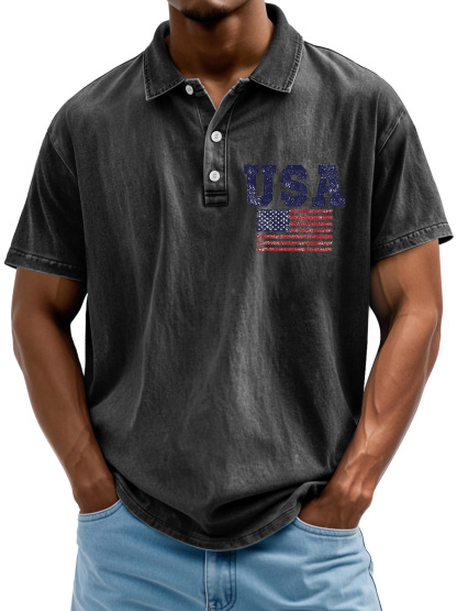 Men's Vintage American Independence Day Flag Print Lapel Short Sleeve Polo Shirt