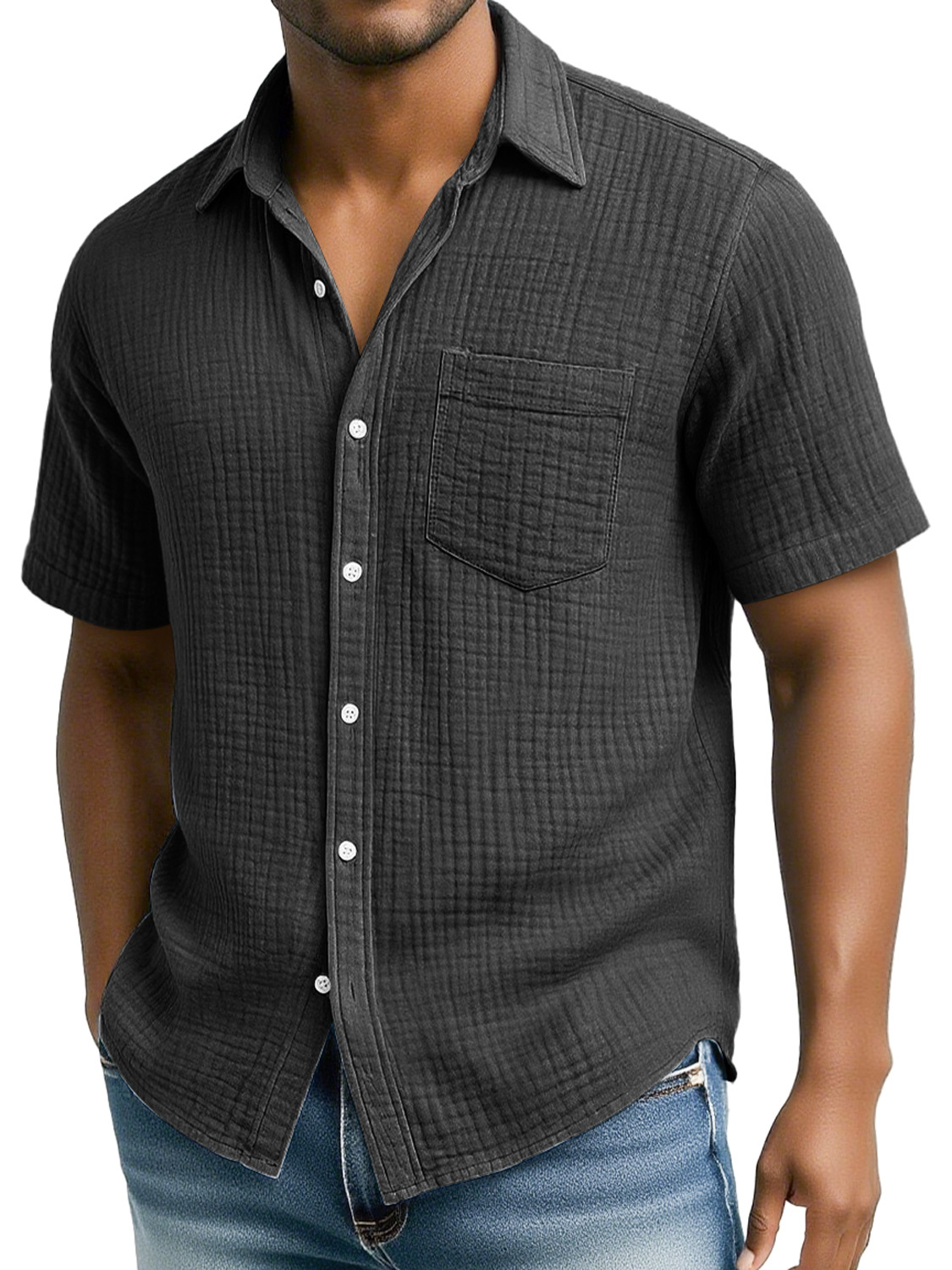 Men's Daily Pleated Texture Casual Pocket Comfort Short Sleeve Shirt