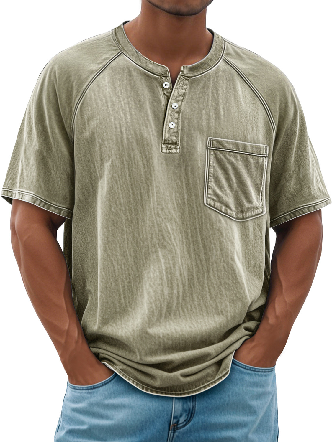 Men's Retro Everyday Raglan Pocket Casual Short Sleeve Henley Shirt