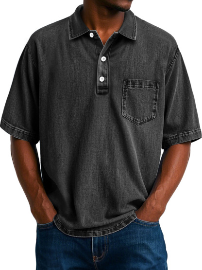 Men's Vintage 100% Cotton Washed Distressed Lapel Pocket Casual Short Sleeve POLO Shirt