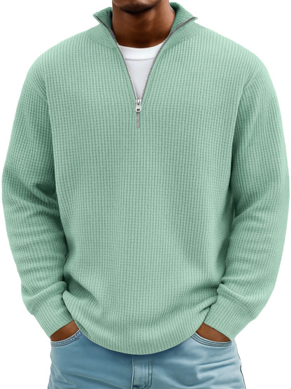 Men's Casual Simple Breathable Fabric Stand Collar Zipper Long Sleeve T-shirt