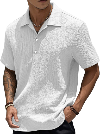  Men's Fashion Retro Pleated Fabric Short-sleeved Polo Shirt 
