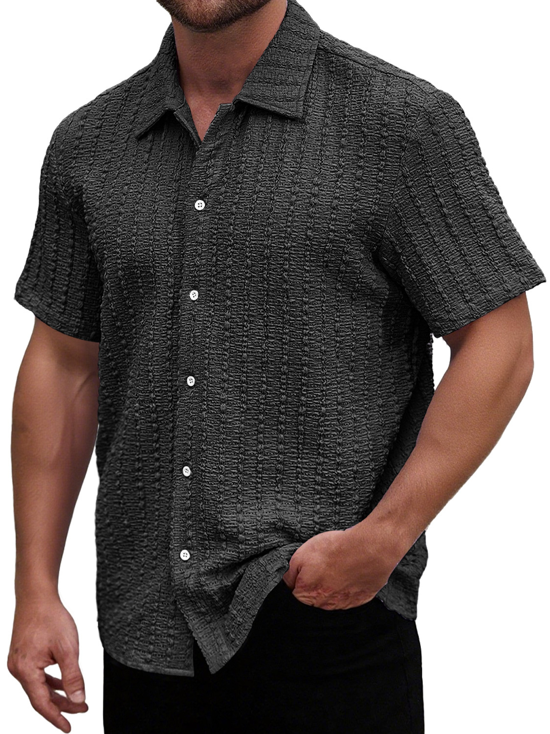 Men's Casual Textured Lapel Solid Color Short-sleeved Shirt
