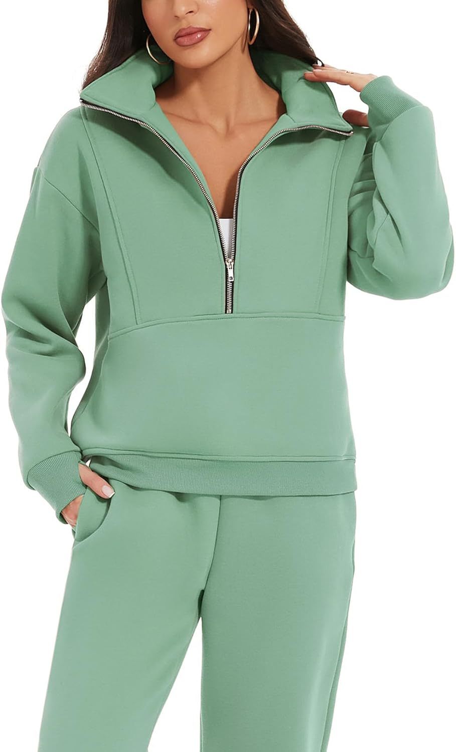 Women's 2 Piece Outfit Fleece Half Zip Sweatshirt Joggers Pants Set Y2K Tracksuit Sweatsuit