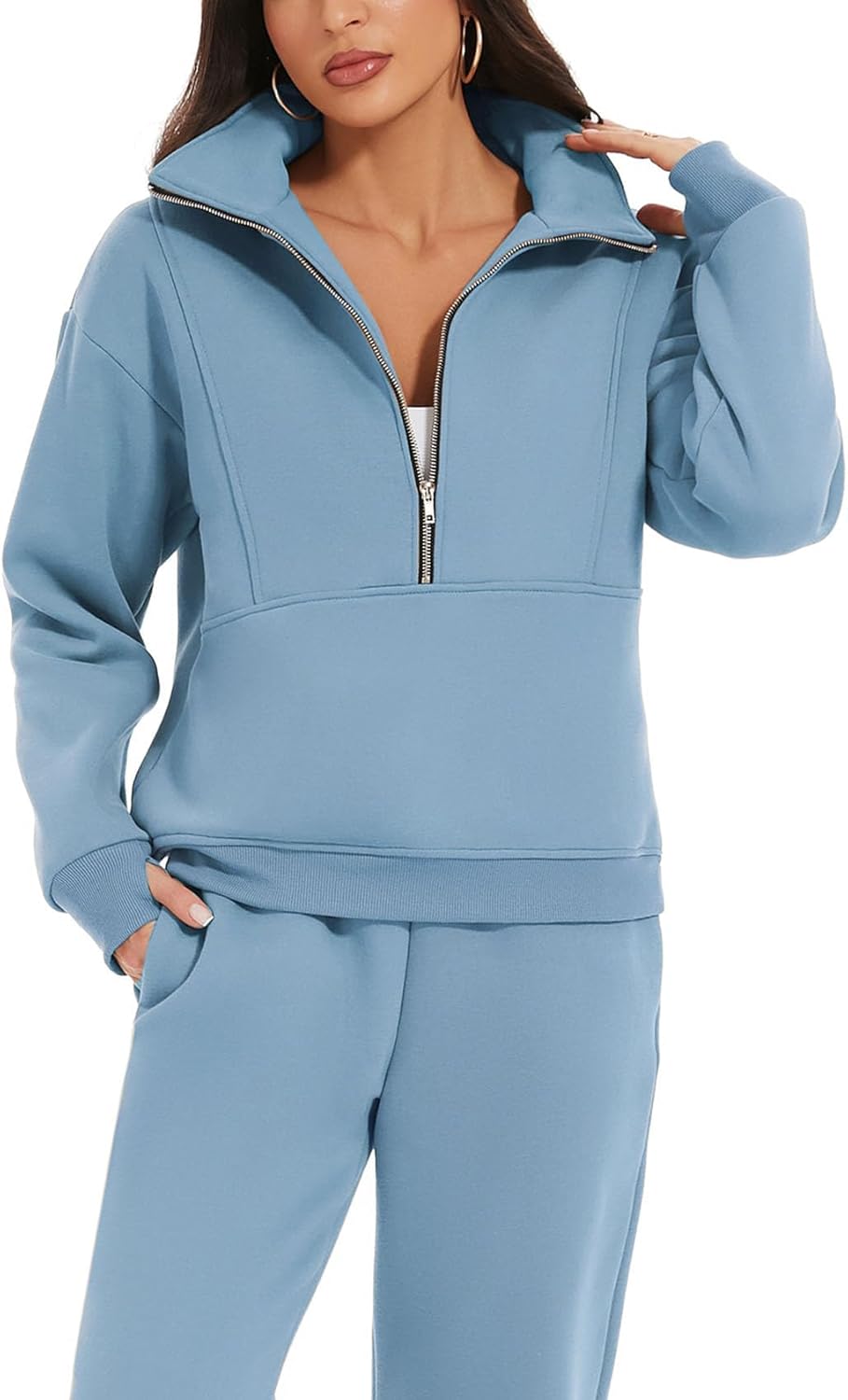 Women's 2 Piece Outfit Fleece Half Zip Sweatshirt Joggers Pants Set Y2K Tracksuit Sweatsuit