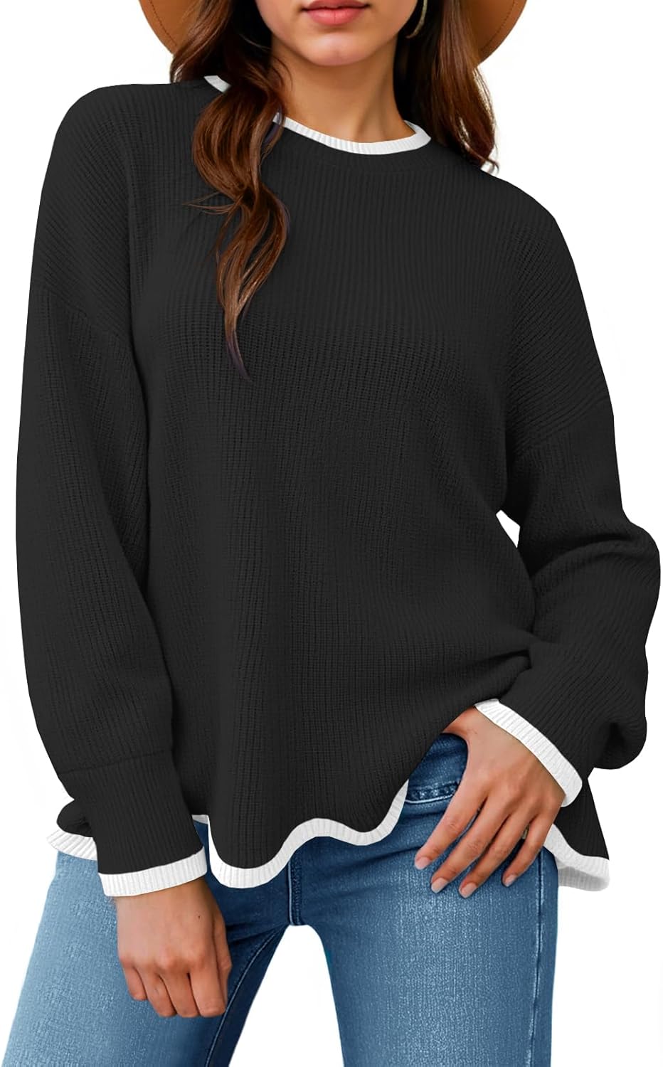 Womens Contrast Color Pullover Sweaters Crewneck Knit Tops with Wave Hem Long Sleeve Sweater Fall 2025