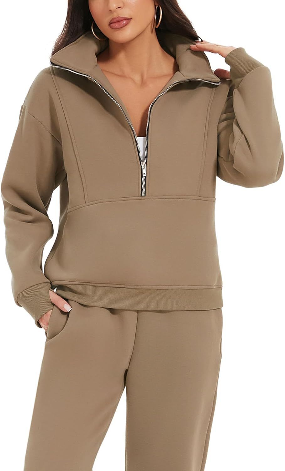 Women's 2 Piece Outfit Fleece Half Zip Sweatshirt Joggers Pants Set Y2K Tracksuit Sweatsuit