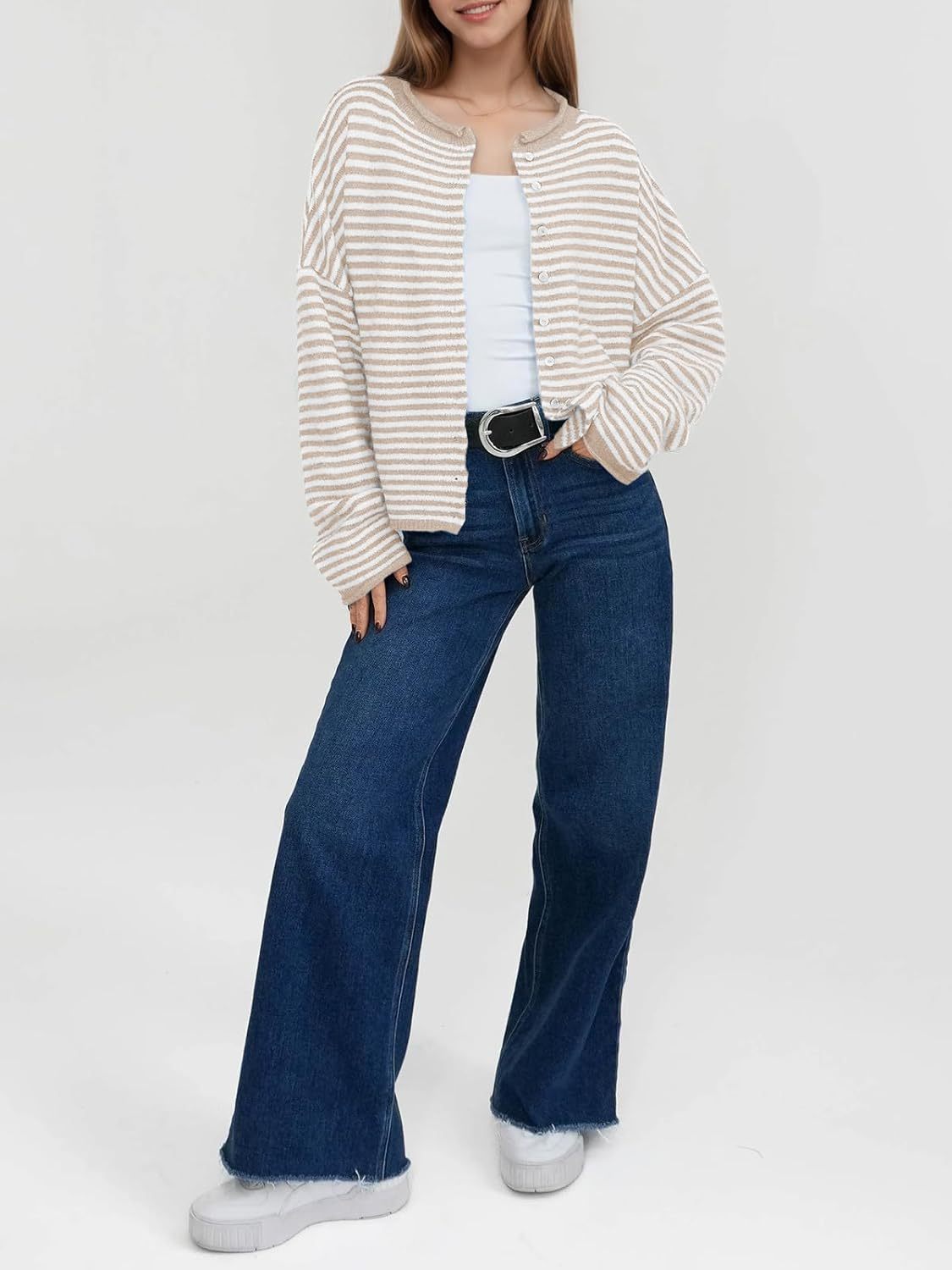 Womens Striped Cardigan Casual Long Sleeve Open Front Button Down Loose Knit Lightweight Fall Sweaters