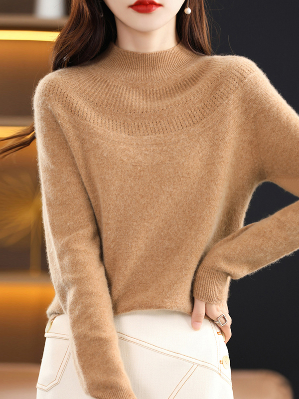 Office Raglan Sleeve Hollow Solid Color High-Neck Sweater Tops