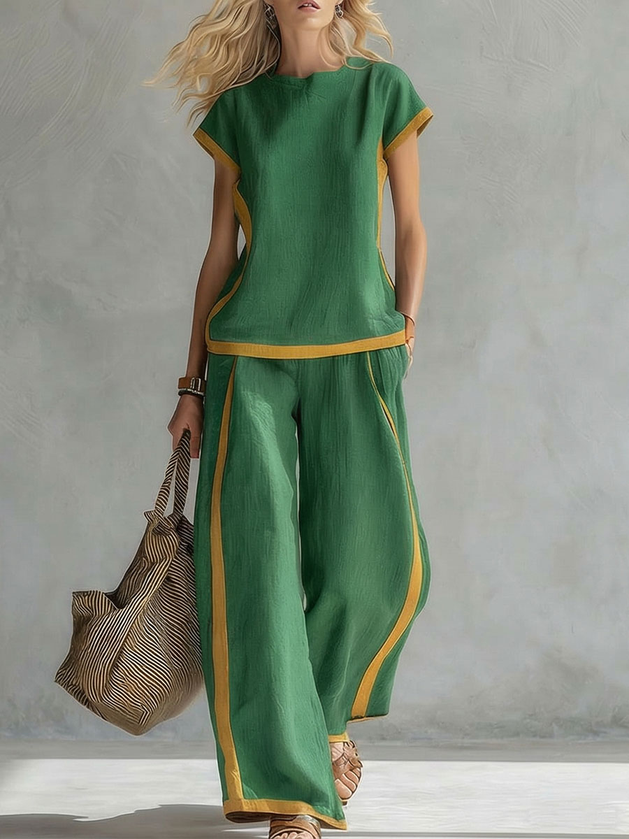 Women's Round Neck Short Sleeve Casual Loose Top And High-waisted Casual Loose Wide-leg Pants Cotton And Linen Set