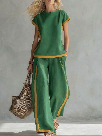 Women's Round Neck Short Sleeve Casual Loose Top And High-waisted Casual Loose Wide-leg Pants Cotton And Linen Set
