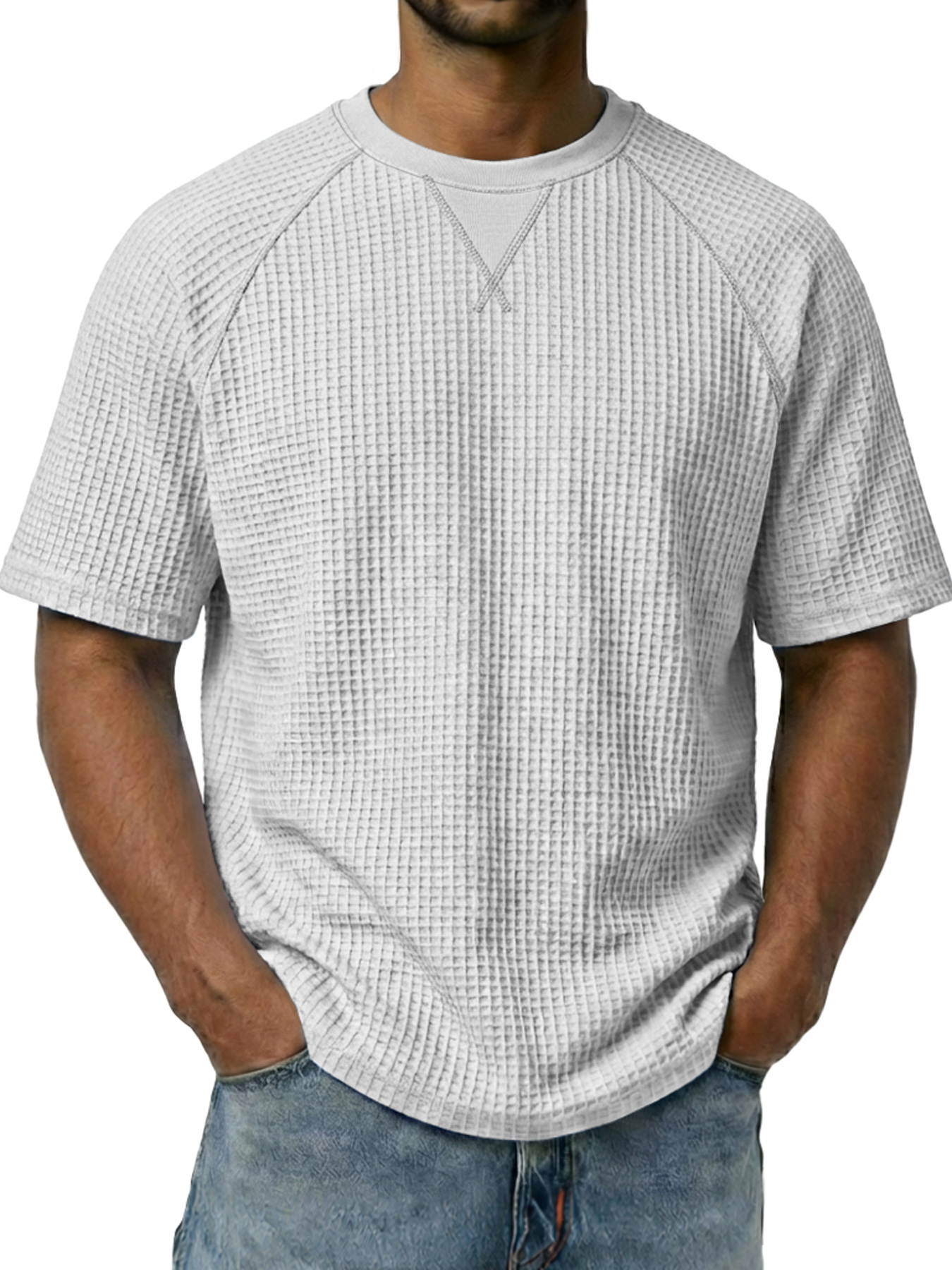 Men's Waffle-knit Crew Neck Raglan Sleeve Casual Short-sleeved T-shirt