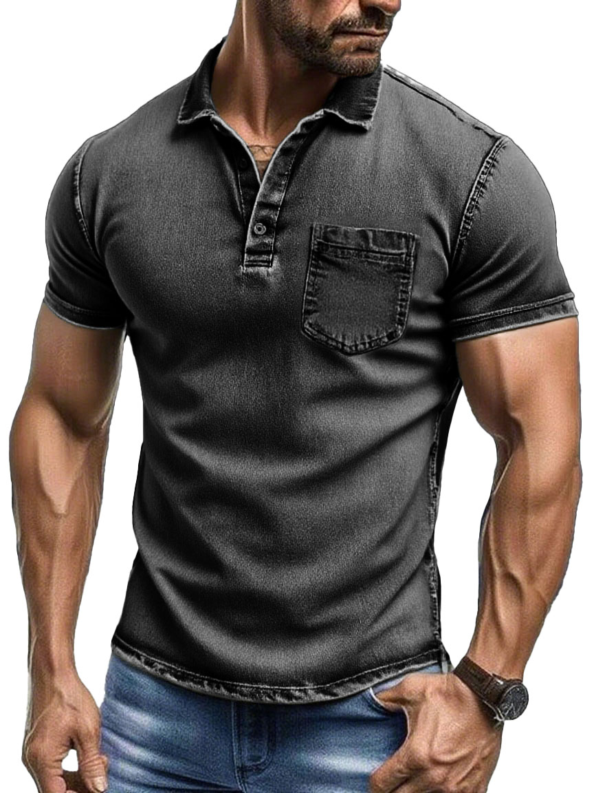 Men's Fashion Retro Pure Cotton Distressed Fabric Pocket Lapel Polo Shirt 