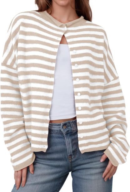 Womens Striped Cardigan Casual Long Sleeve Open Front Button Down Loose Knit Lightweight Fall Sweaters