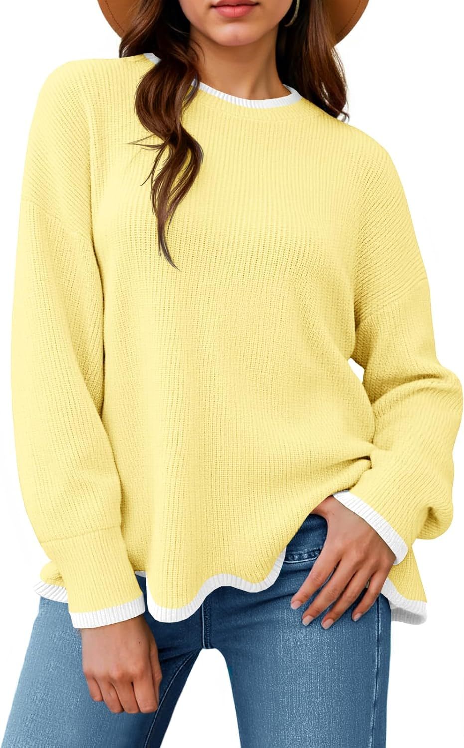 Womens Contrast Color Pullover Sweaters Crewneck Knit Tops with Wave Hem Long Sleeve Sweater Fall 2025