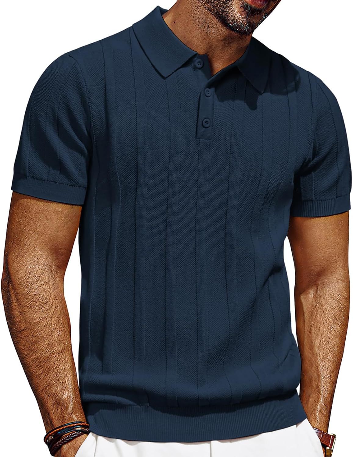 Mens Polo Shirts Short Sleeve Textured Knit Polo Shirt Ribbed Casual Golf Shirts