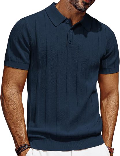 Mens Polo Shirts Short Sleeve Textured Knit Polo Shirt Ribbed Casual Golf Shirts
