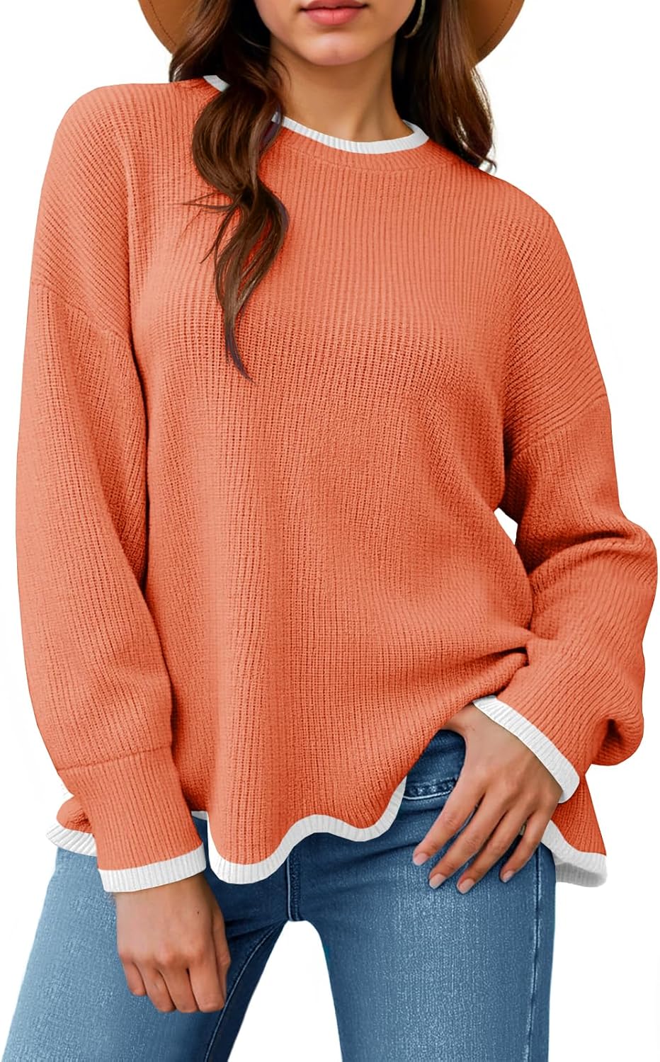 Womens Contrast Color Pullover Sweaters Crewneck Knit Tops with Wave Hem Long Sleeve Sweater Fall 2025