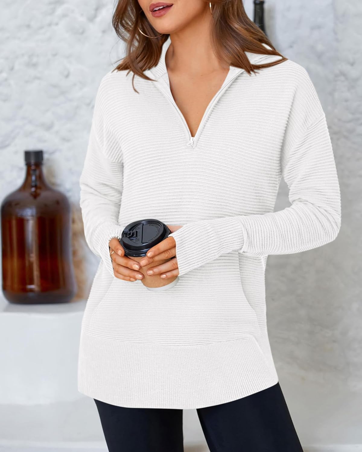 BTFBM Sweaters for Women Fall Winter Clothes 2025 Pocket Quarter Zip Pullover V Neck Long Sleeve Knit Trendy Sweater