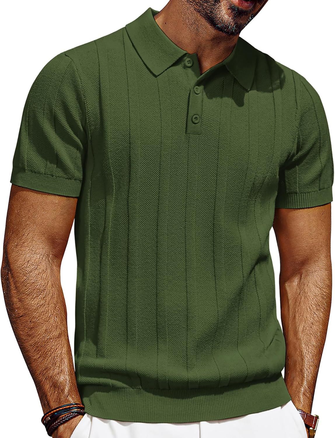 Mens Polo Shirts Short Sleeve Textured Knit Polo Shirt Ribbed Casual Golf Shirts