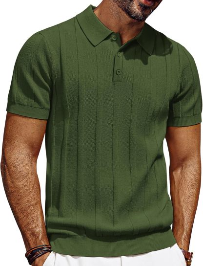 Mens Polo Shirts Short Sleeve Textured Knit Polo Shirt Ribbed Casual Golf Shirts