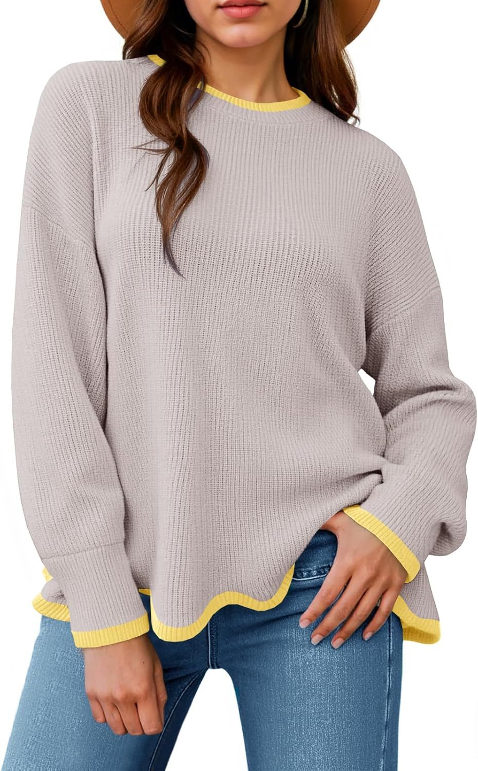 Womens Contrast Color Pullover Sweaters Crewneck Knit Tops with Wave Hem Long Sleeve Sweater Fall 2025