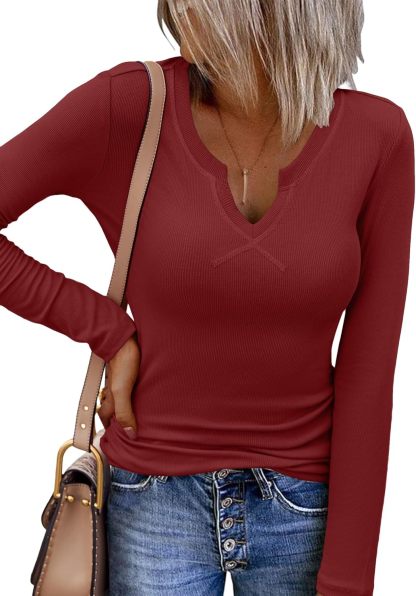 CLEARANCE SALE🔥Womens Long Sleeve Shirts V-Neck Slim Fitted Knit Top