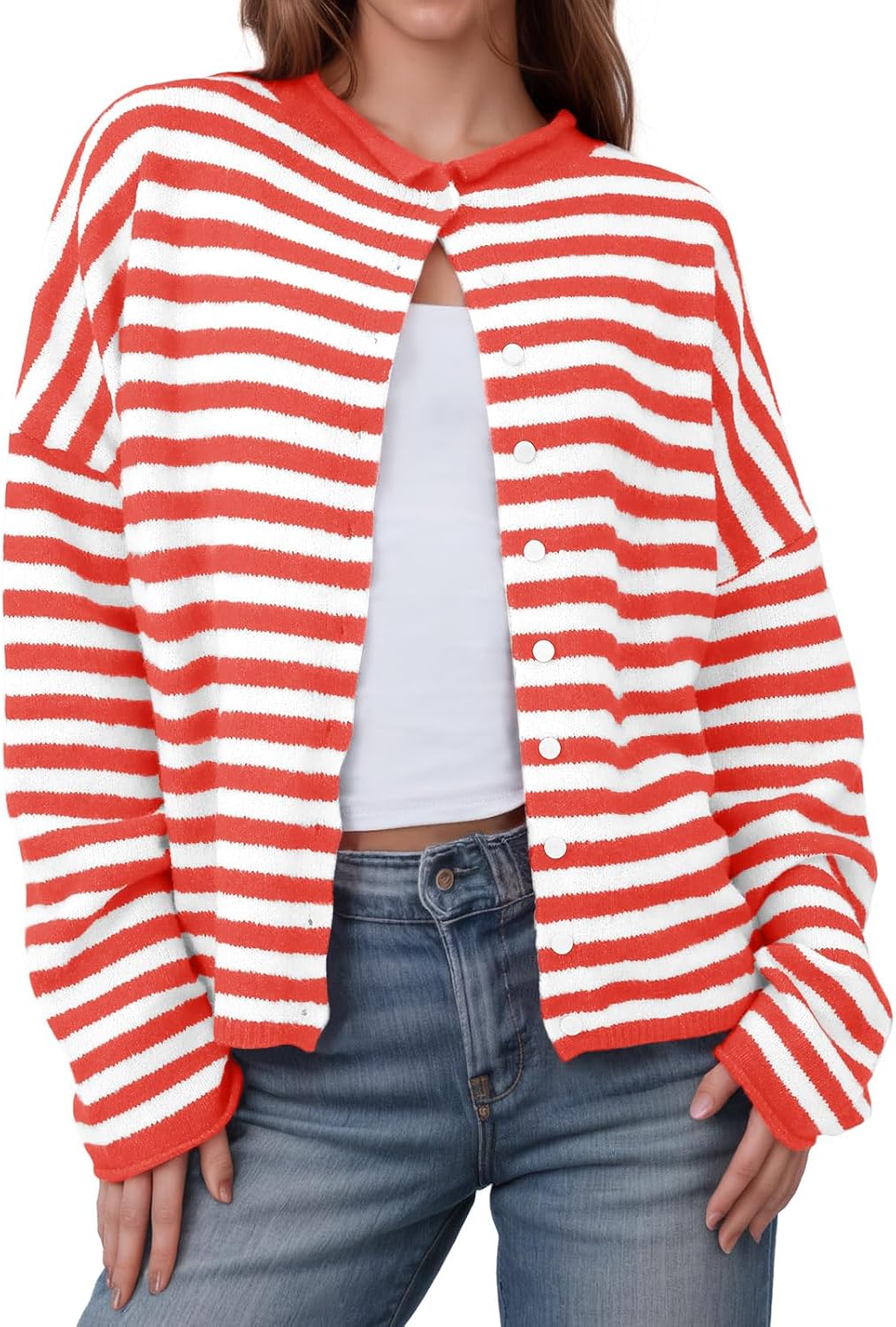 Womens Striped Cardigan Casual Long Sleeve Open Front Button Down Loose Knit Lightweight Fall Sweaters