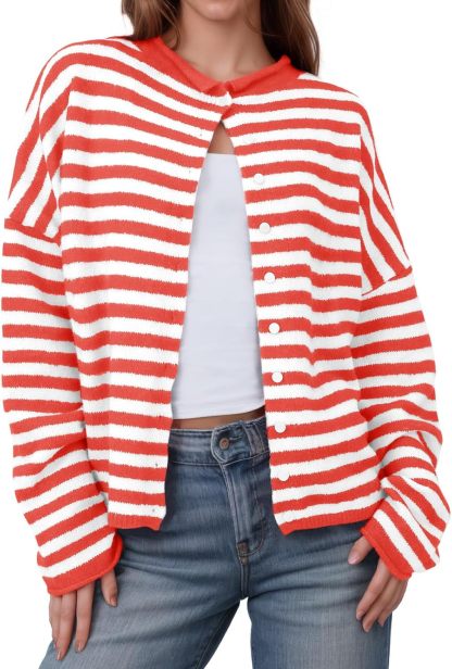 Womens Striped Cardigan Casual Long Sleeve Open Front Button Down Loose Knit Lightweight Fall Sweaters