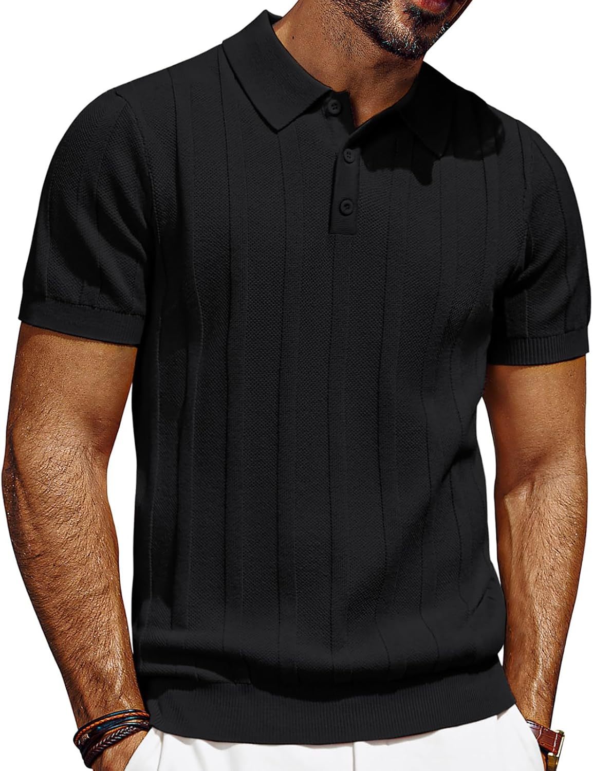 Mens Polo Shirts Short Sleeve Textured Knit Polo Shirt Ribbed Casual Golf Shirts