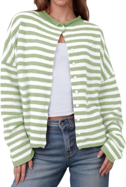 Womens Striped Cardigan Casual Long Sleeve Open Front Button Down Loose Knit Lightweight Fall Sweaters