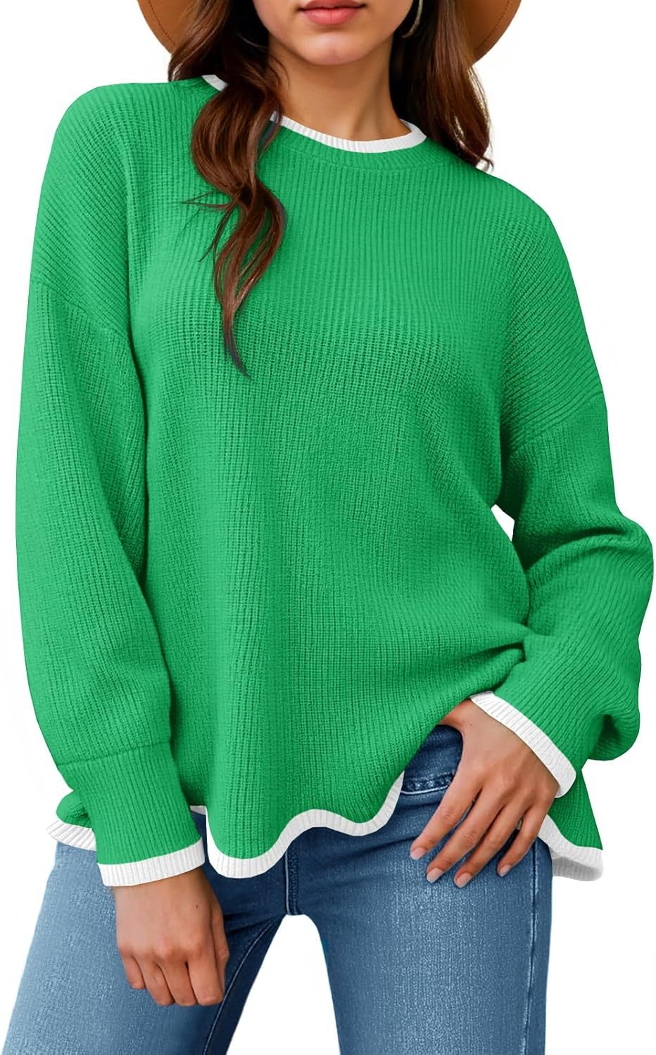 Womens Contrast Color Pullover Sweaters Crewneck Knit Tops with Wave Hem Long Sleeve Sweater Fall 2025