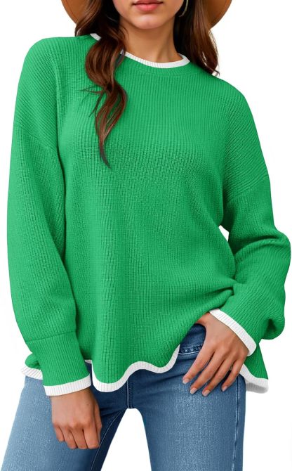 Womens Contrast Color Pullover Sweaters Crewneck Knit Tops with Wave Hem Long Sleeve Sweater Fall 2025