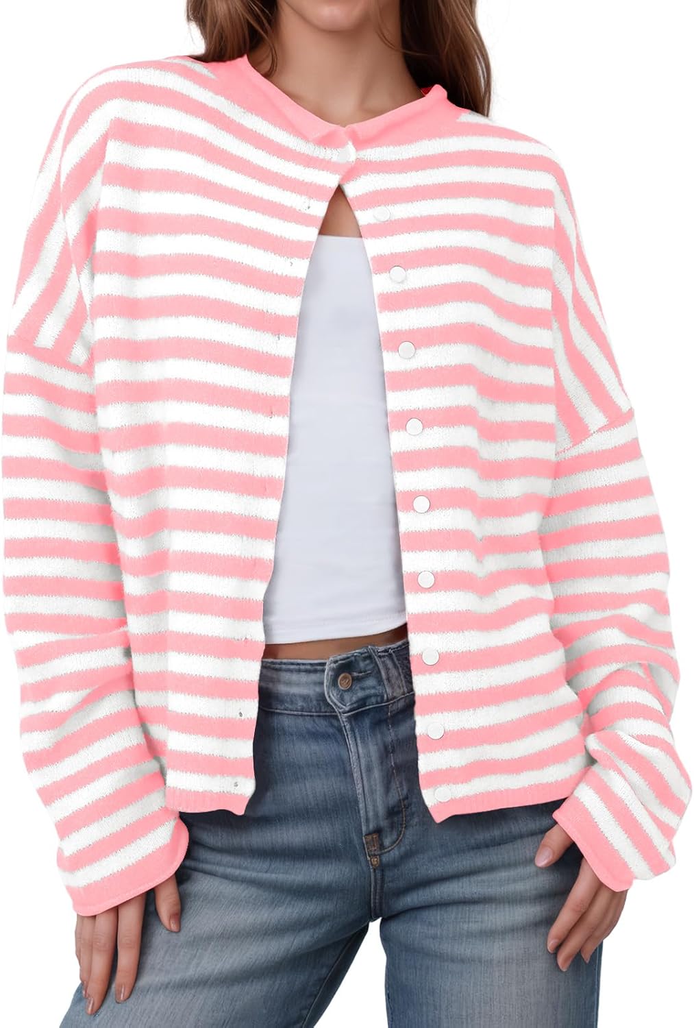 Womens Striped Cardigan Casual Long Sleeve Open Front Button Down Loose Knit Lightweight Fall Sweaters