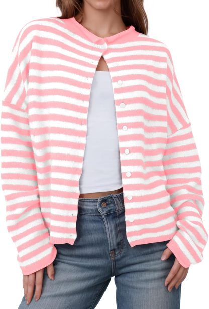 Womens Striped Cardigan Casual Long Sleeve Open Front Button Down Loose Knit Lightweight Fall Sweaters