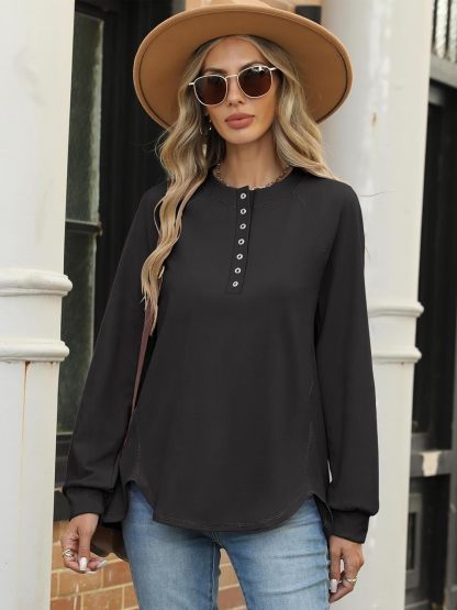 Women's Long Sleeve Henley Tops Tunic Sweatshirt Loose Slit Casual Button Shirts Pullover 2025 Fall Winter Outfits