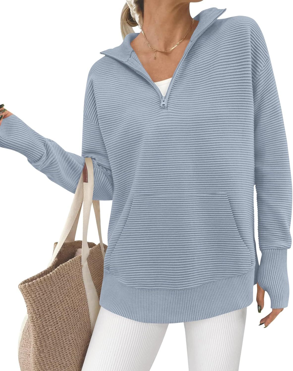 BTFBM Sweaters for Women Fall Winter Clothes 2025 Pocket Quarter Zip Pullover V Neck Long Sleeve Knit Trendy Sweater