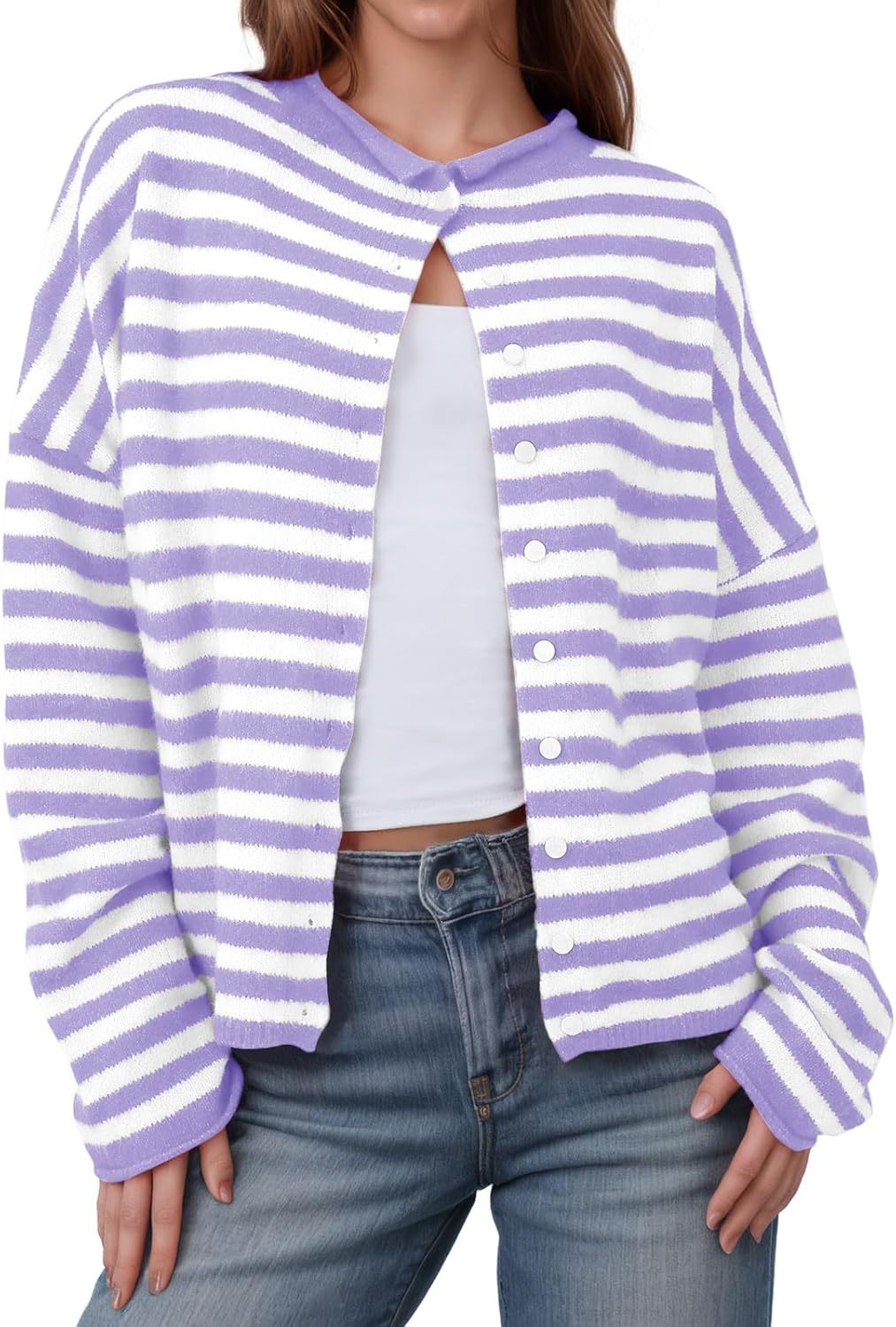 Womens Striped Cardigan Casual Long Sleeve Open Front Button Down Loose Knit Lightweight Fall Sweaters