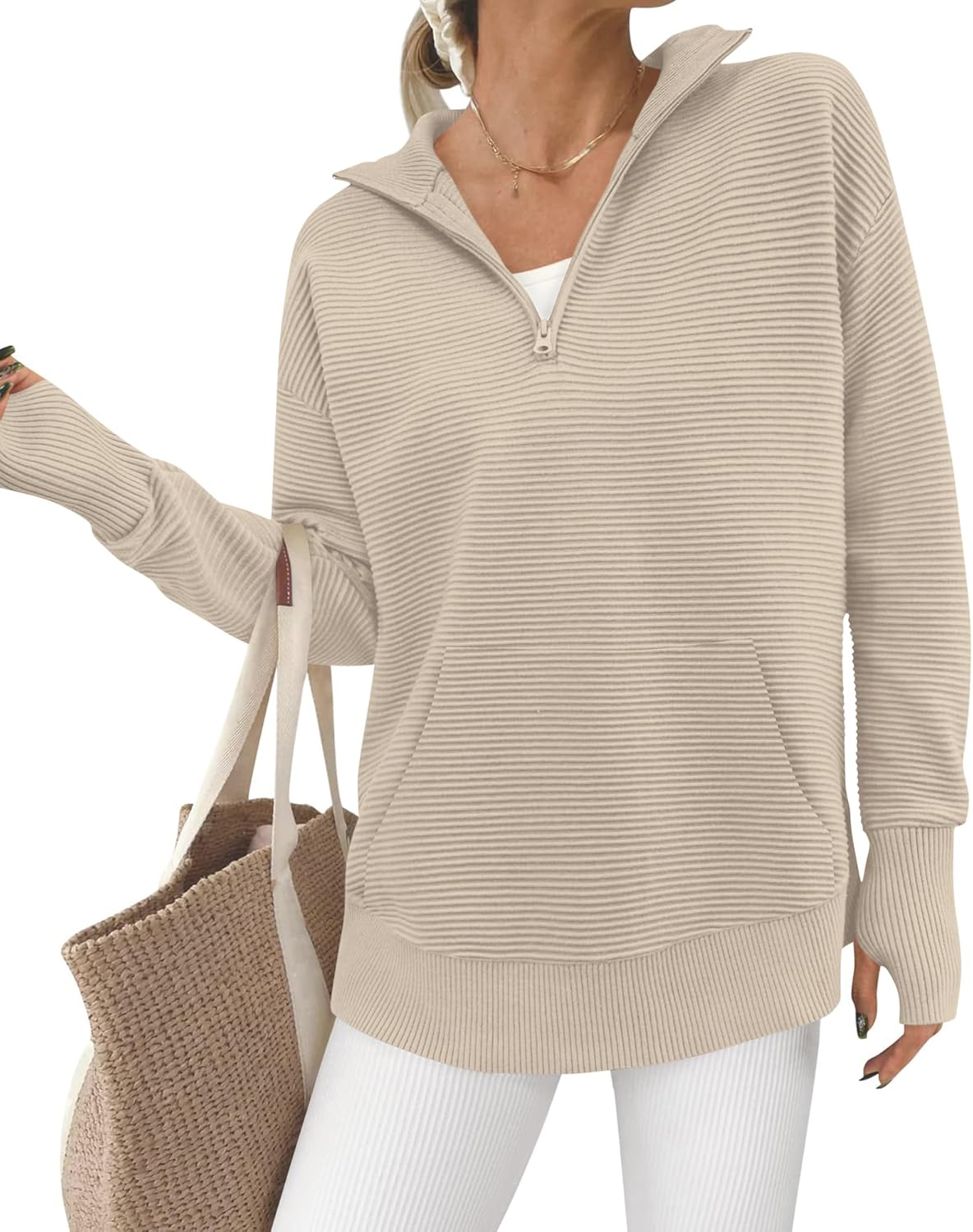 BTFBM Sweaters for Women Fall Winter Clothes 2025 Pocket Quarter Zip Pullover V Neck Long Sleeve Knit Trendy Sweater