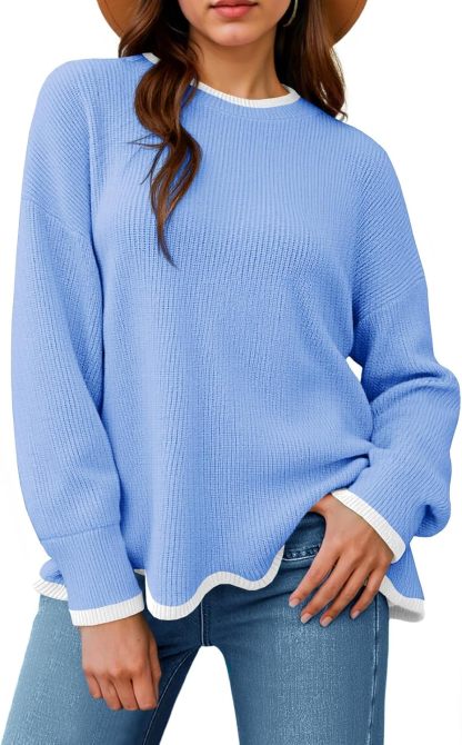 Womens Contrast Color Pullover Sweaters Crewneck Knit Tops with Wave Hem Long Sleeve Sweater Fall 2025