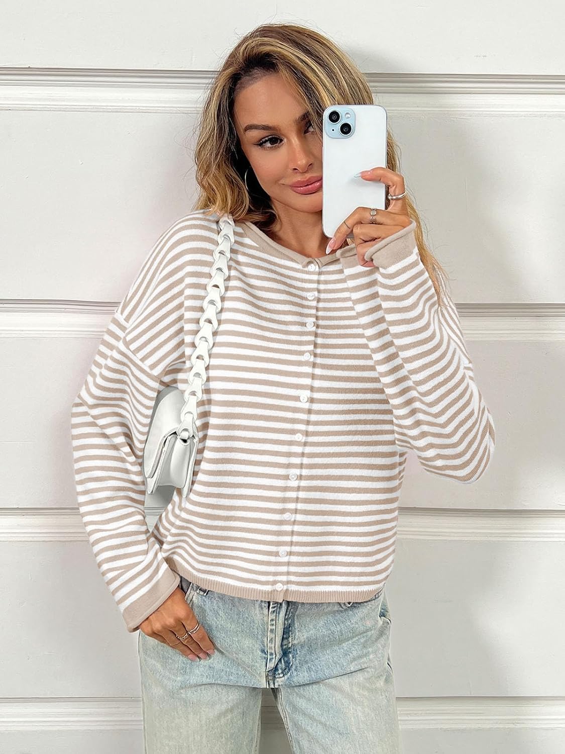 Womens Striped Cardigan Casual Long Sleeve Open Front Button Down Loose Knit Lightweight Fall Sweaters