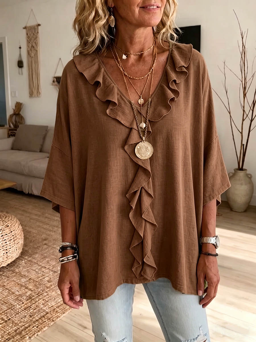 Women's Solid-color Ruffled V-neck 3/4-sleeve Casual Loose Cotton-linen Top