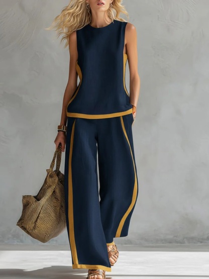 New Arrivals🔥 Women's Round Neck Sleeveless Casual Loose Top & Loose Wide-leg Pants Cotton and Linen Set