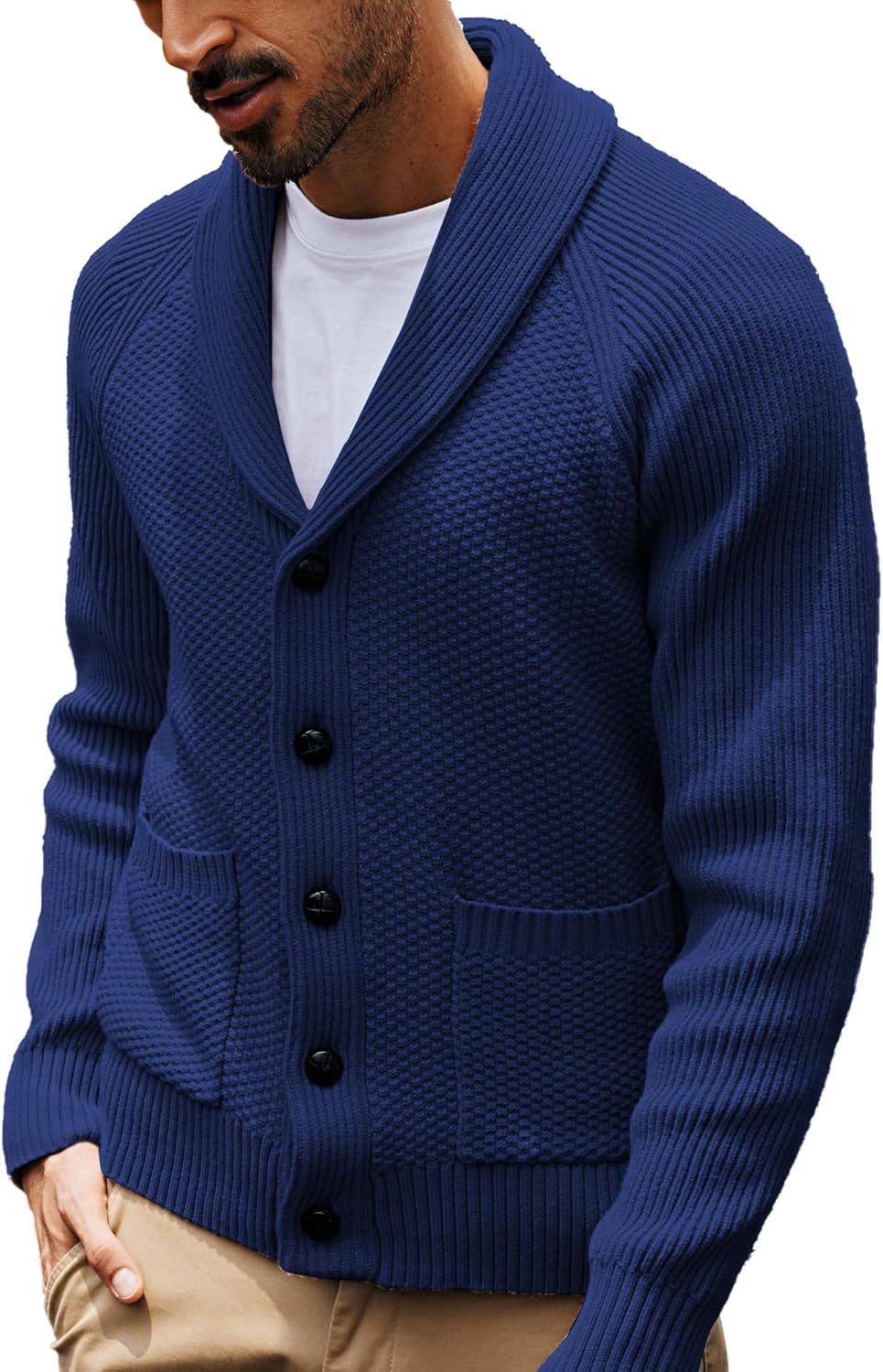 Men's Shawl Collar Button-Down Cardigan Knitted Textured Sweater