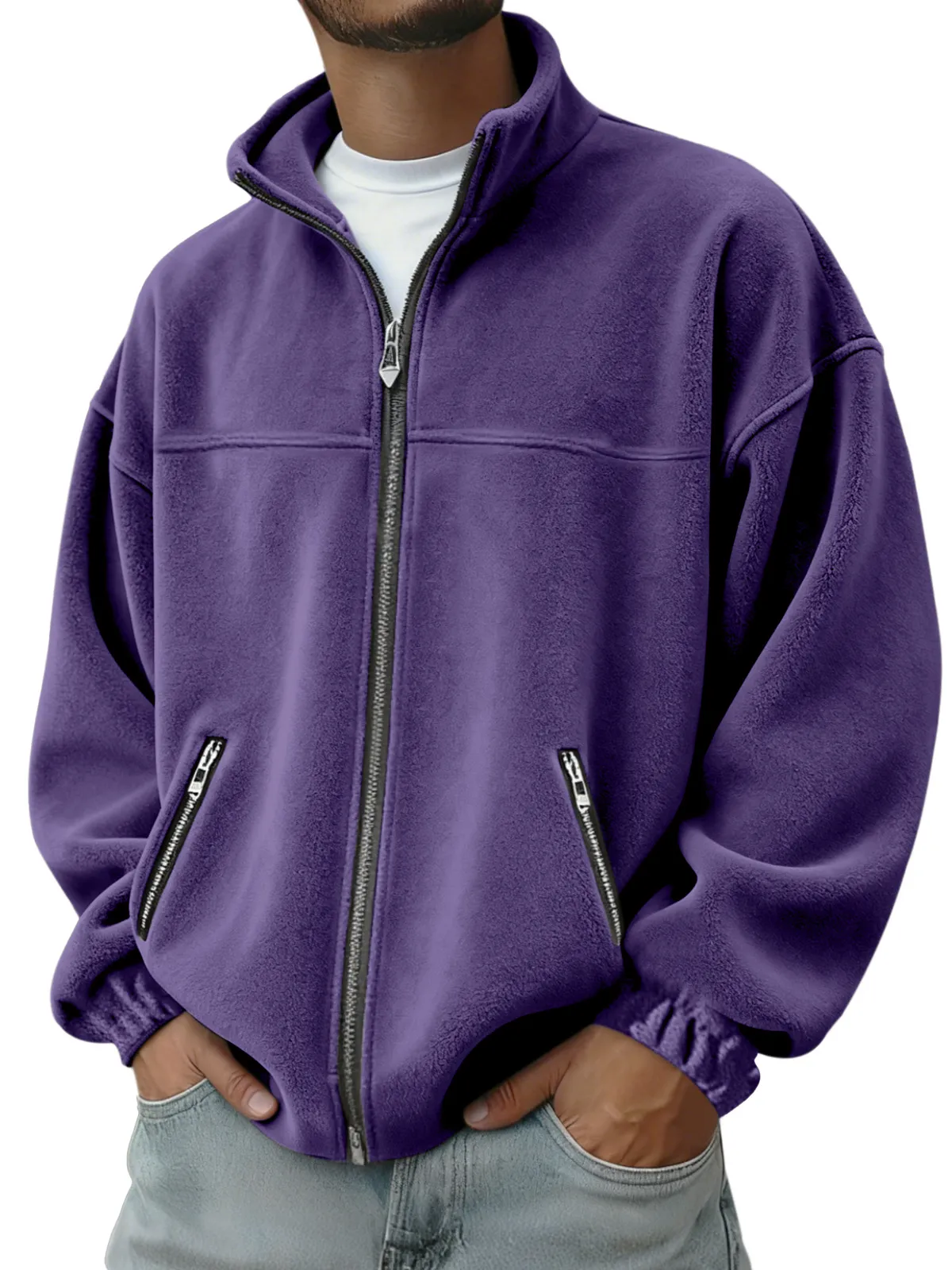 Men's Oversized Stand Collar Full Zip Fleece Jacket