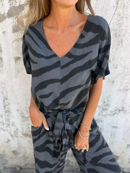 New Arrivals🔥 Zebra Print V-Neck Top and Pants Set