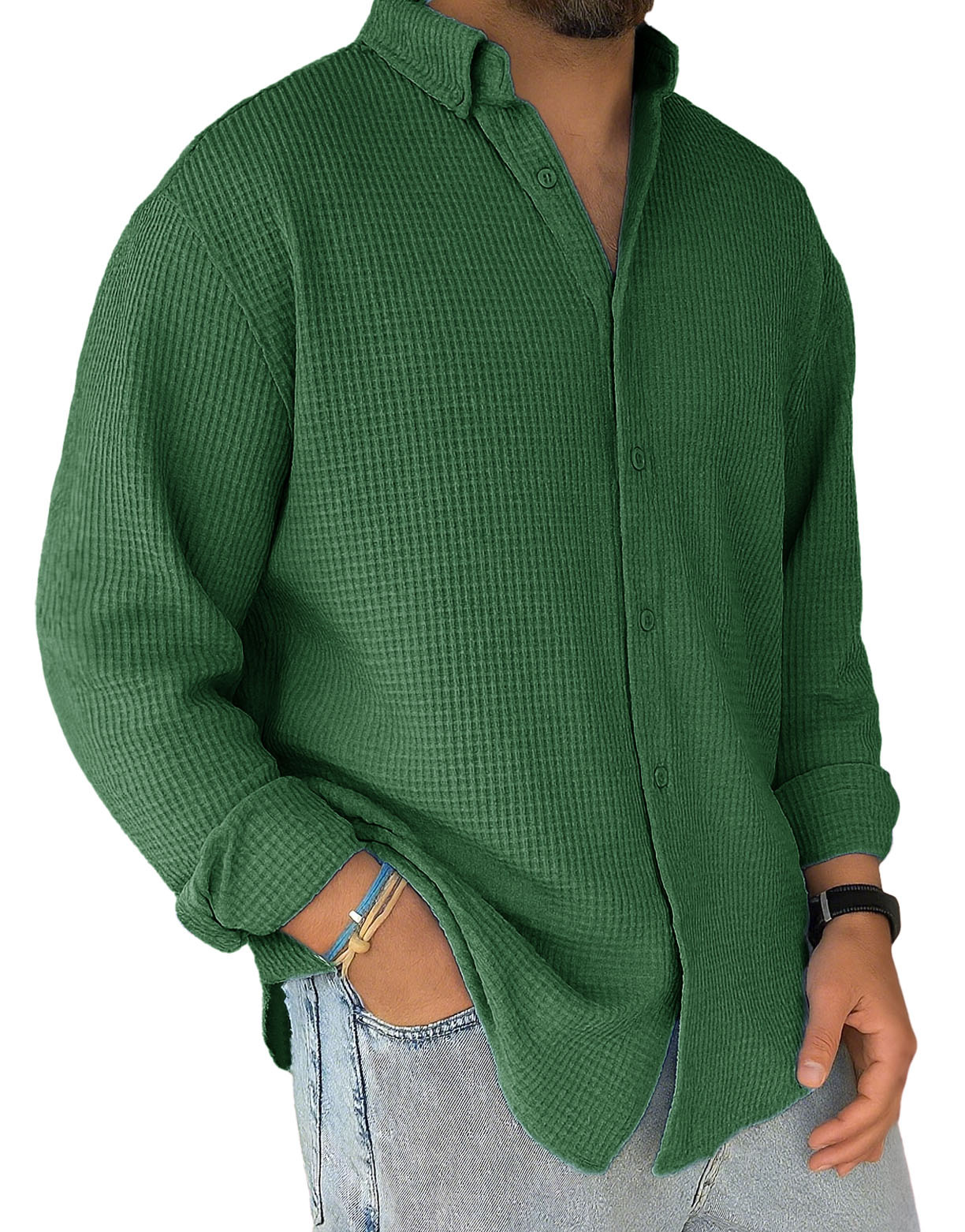 Men's Stylish Casual Everyday Waffle Long-sleeved Lapel Shirt 