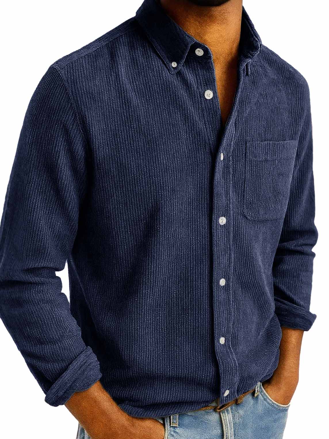 Men's Fashion Retro Daily Casual Corduroy Fabric Lapel Long Sleeve Pocket Shirt