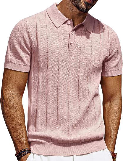 Mens Polo Shirts Short Sleeve Textured Knit Polo Shirt Ribbed Casual Golf Shirts